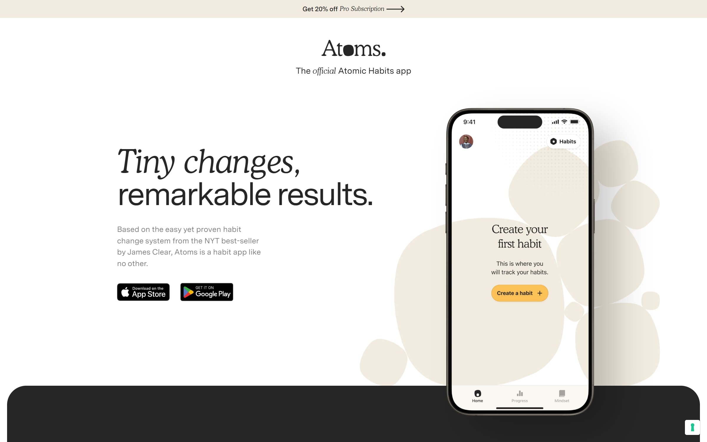 Screenshot of Atoms's homepage