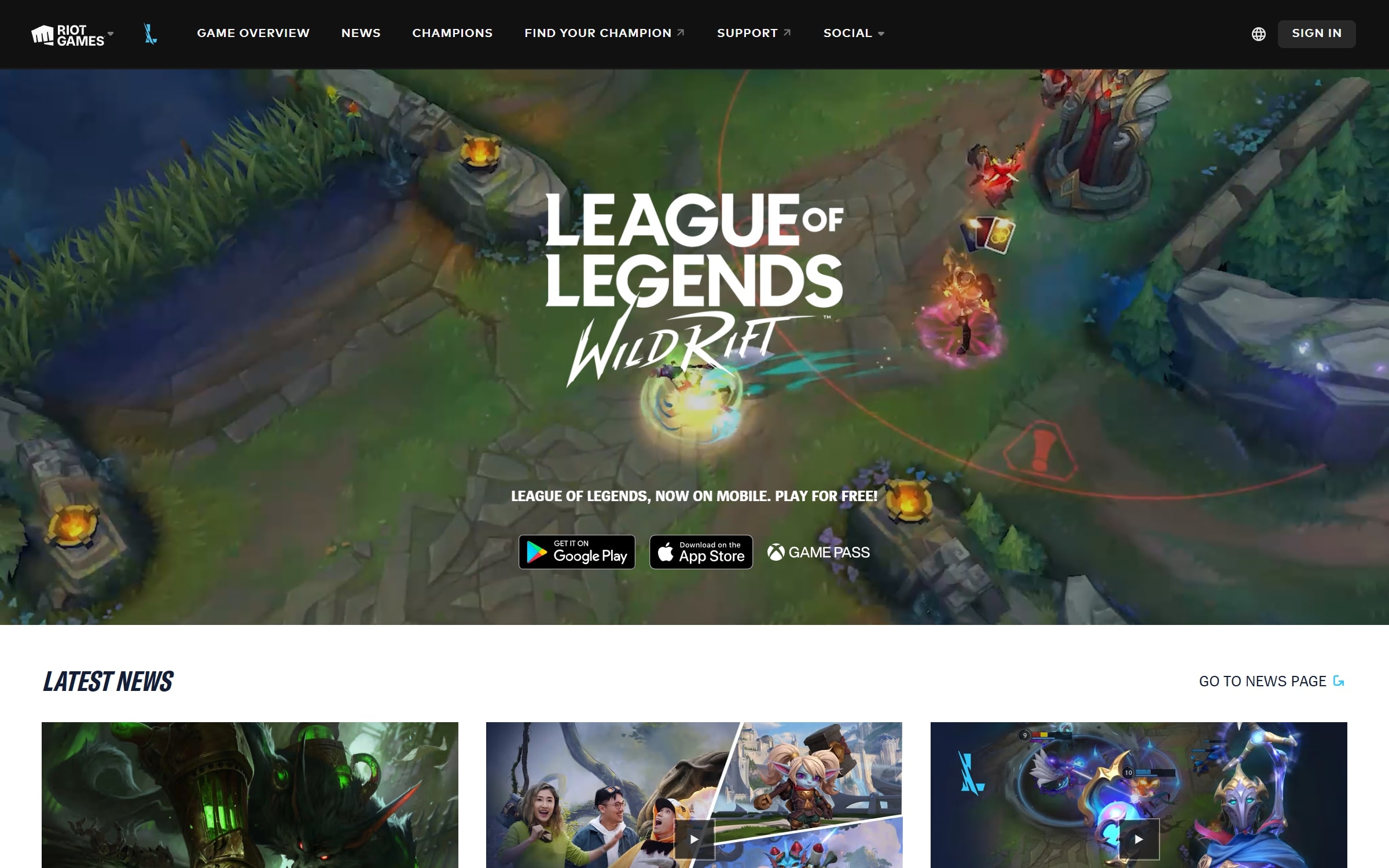 Screenshot of League of Legends - Wild Rift's homepage