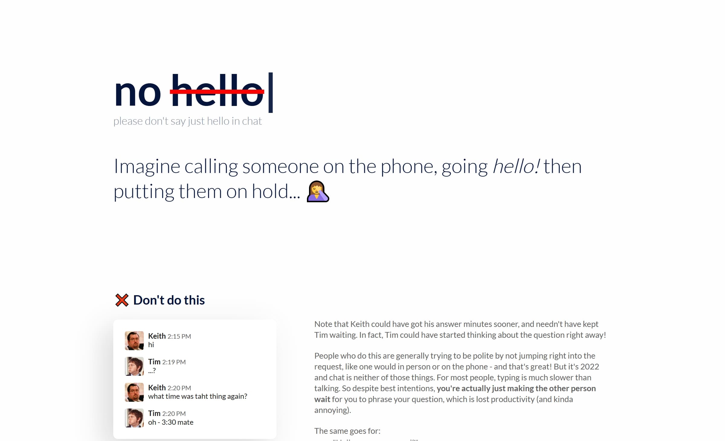 Screenshot of No hello's homepage